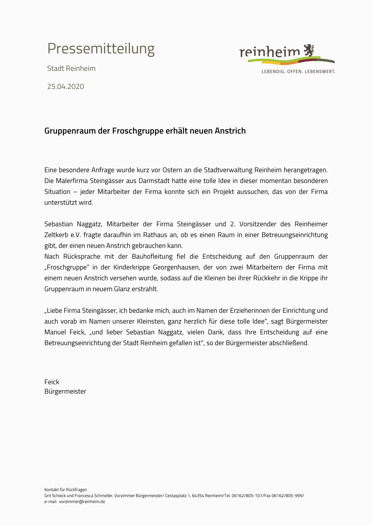 Offizielle Pressemitteilung der Stadt Reinheim zum Hilfsprojekt der Firma Steingässer inklusive Danksagung des Bürgermeisters